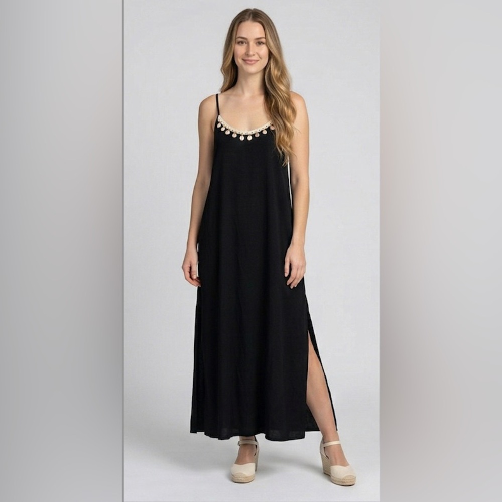 LAST ONE ๐ฅ Boho Shell-Trimmed Maxi Slip Dress in Raven Black - Picture 5 of 9